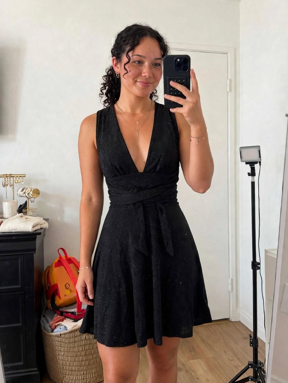 Deep V Black Wrap Mini Dress with Waist Tie